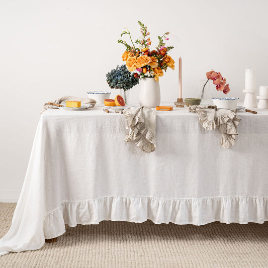 White Linen Table Cloth with Ruffles